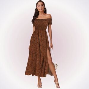 Rust and black cheetah animal print off shoulder smocked midi dress | Sz S